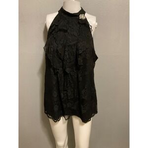 Whimsygoth Y2K Black Lace Halter Neck Ruffle Front  Sleeveless Top XL